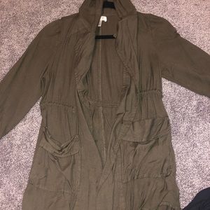 Olive green cardigan with a hood